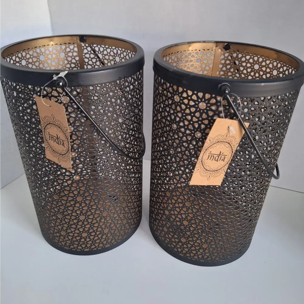 Vintage-Inspired Indian Black Metal Filigree Candle Lanterns Pair 10